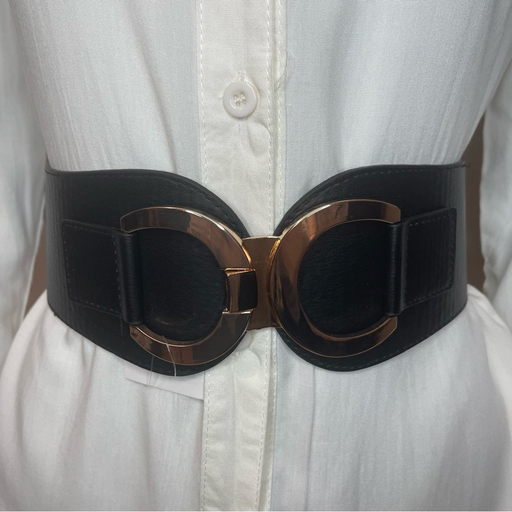 Black PU leather gold tone buckle elastic waistband belt